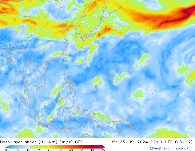 Deep layer shear (0-6km) GFS We 25.09.2024 12 UTC