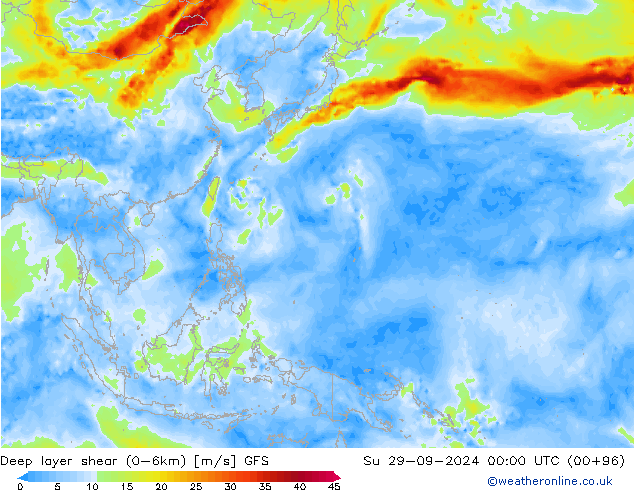 Deep layer shear (0-6km) GFS zo 29.09.2024 00 UTC