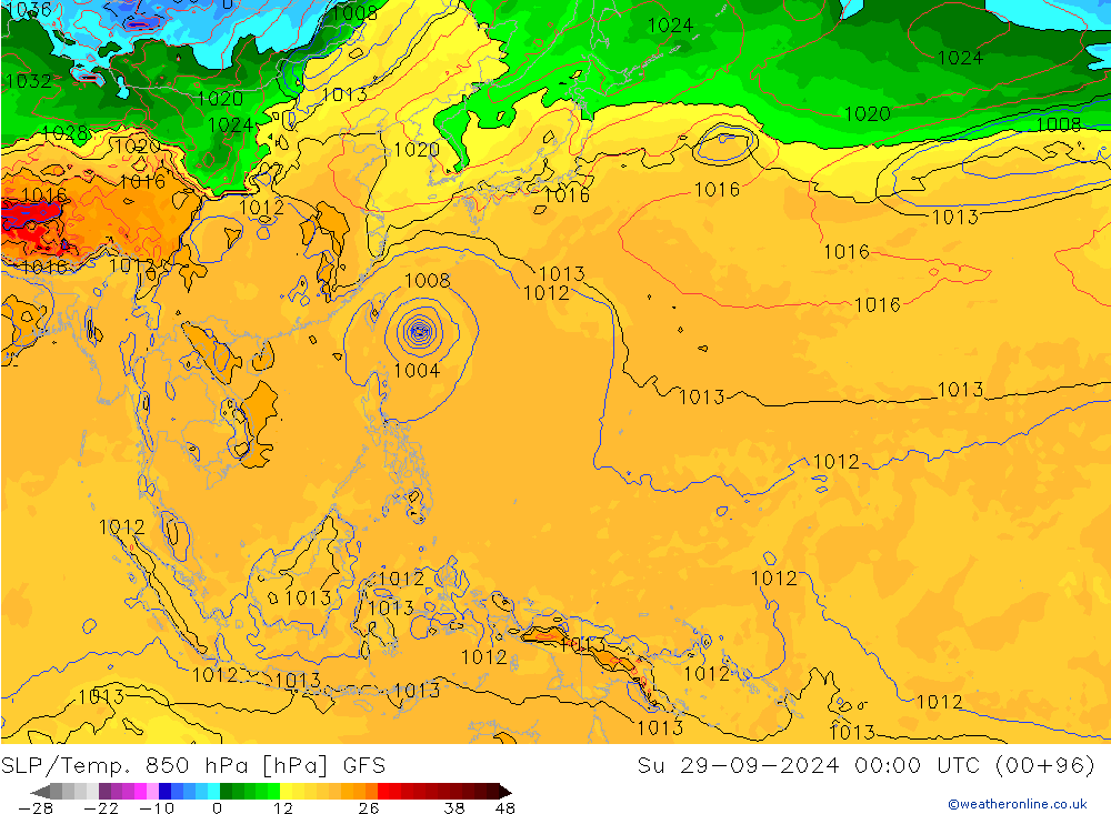 SLP/Temp. 850 hPa GFS Su 29.09.2024 00 UTC