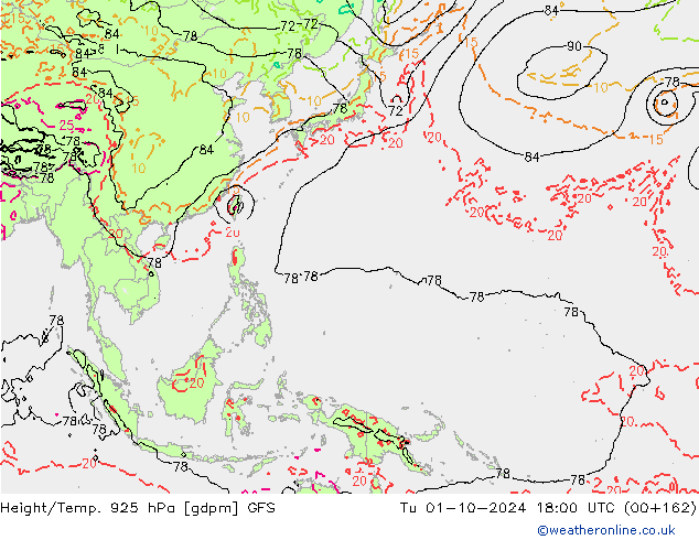 Height/Temp. 925 hPa GFS mar 01.10.2024 18 UTC