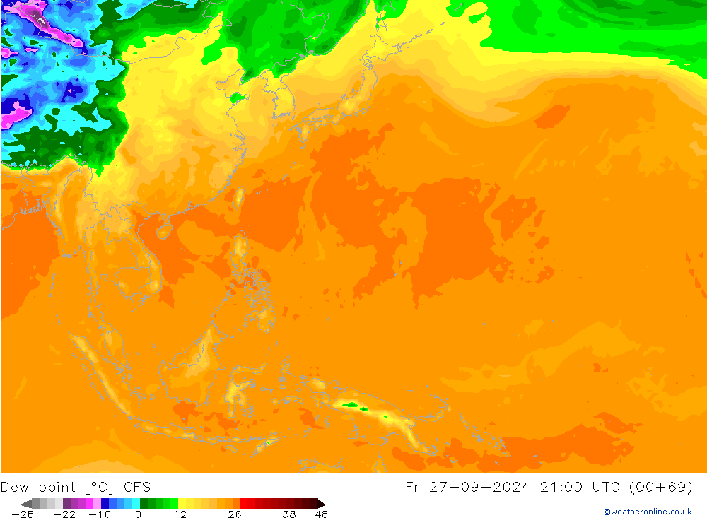 Punto di rugiada GFS ven 27.09.2024 21 UTC