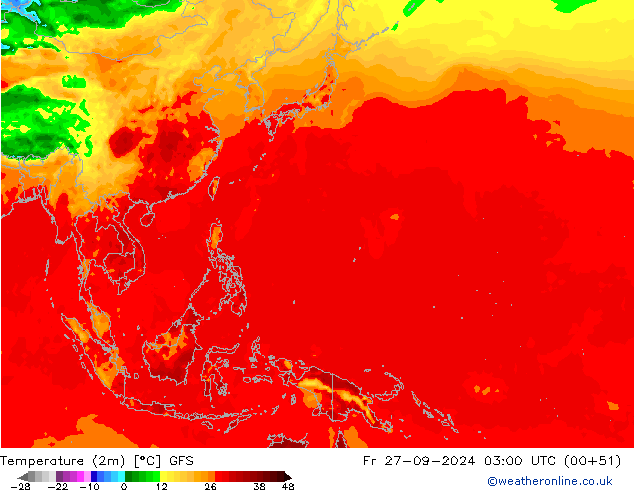 Temperature (2m) GFS Fr 27.09.2024 03 UTC