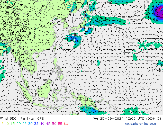 Vento 950 hPa GFS mer 25.09.2024 12 UTC