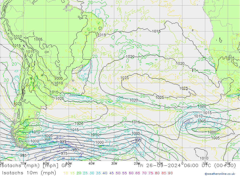 Isotaca (mph) GFS jue 26.09.2024 06 UTC