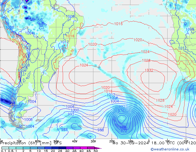 Précipitation (6h) GFS lun 30.09.2024 00 UTC