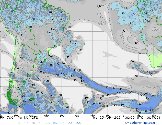 RH 700 hPa GFS Qua 25.09.2024 00 UTC