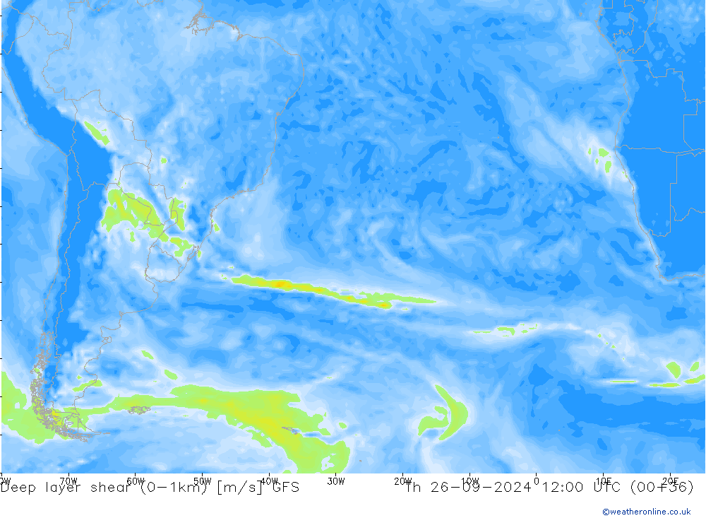 Deep layer shear (0-1km) GFS jue 26.09.2024 12 UTC