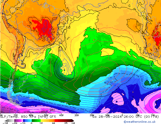 SLP/Temp. 850 hPa GFS za 28.09.2024 06 UTC