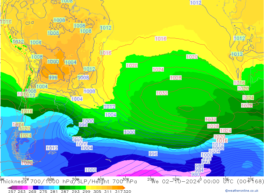 Dikte700-1000 hPa GFS wo 02.10.2024 00 UTC