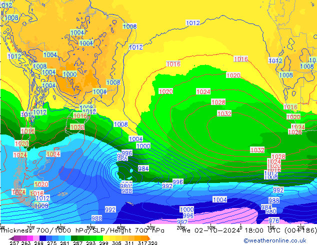 Thck 700-1000 гПа GFS ср 02.10.2024 18 UTC