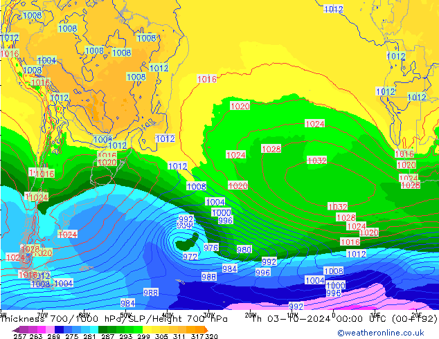 Thck 700-1000 hPa GFS Qui 03.10.2024 00 UTC