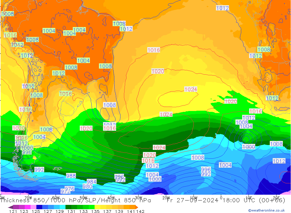 Thck 850-1000 hPa GFS ven 27.09.2024 18 UTC