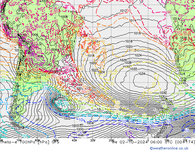 Theta-e 700hPa GFS We 02.10.2024 06 UTC