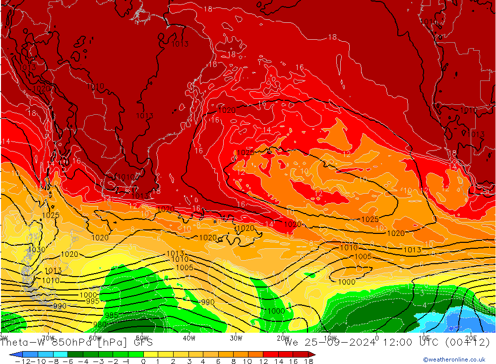 Theta-W 850hPa GFS mer 25.09.2024 12 UTC