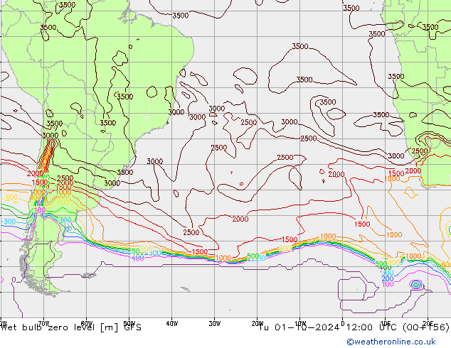 Wet bulb zero level GFS Tu 01.10.2024 12 UTC