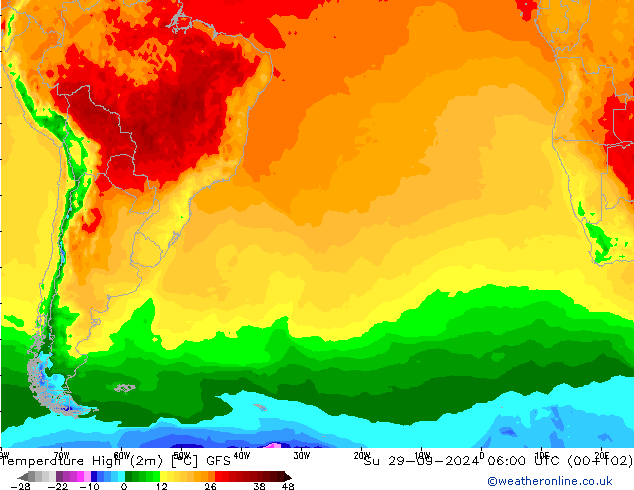 Nejvyšší teplota (2m) GFS Ne 29.09.2024 06 UTC