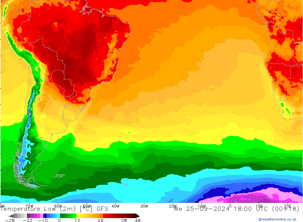 temperatura mín. (2m) GFS Qua 25.09.2024 18 UTC