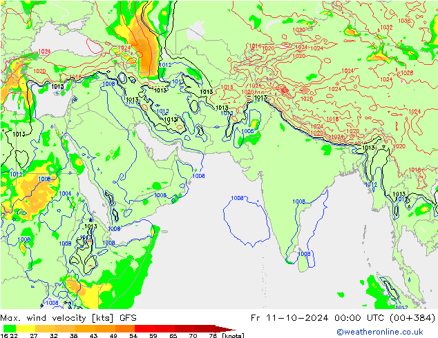 Max. wind velocity GFS пт 11.10.2024 00 UTC