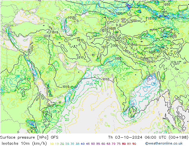 Isotachs (kph) GFS jeu 03.10.2024 06 UTC