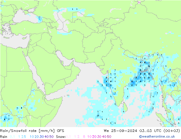 Rain/Snowfall rate GFS mer 25.09.2024 03 UTC