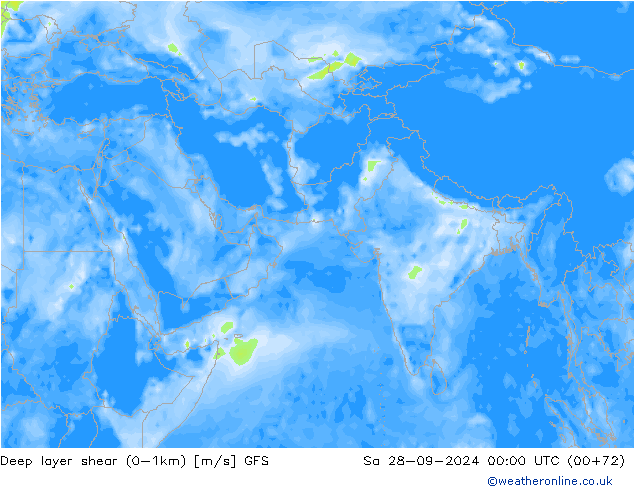 Deep layer shear (0-1km) GFS Sáb 28.09.2024 00 UTC