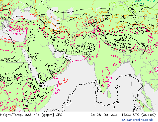 Height/Temp. 925 hPa GFS So 28.09.2024 18 UTC