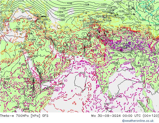 Theta-e 700hPa GFS  30.09.2024 00 UTC