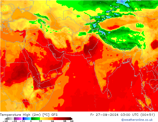 Nejvyšší teplota (2m) GFS Pá 27.09.2024 03 UTC