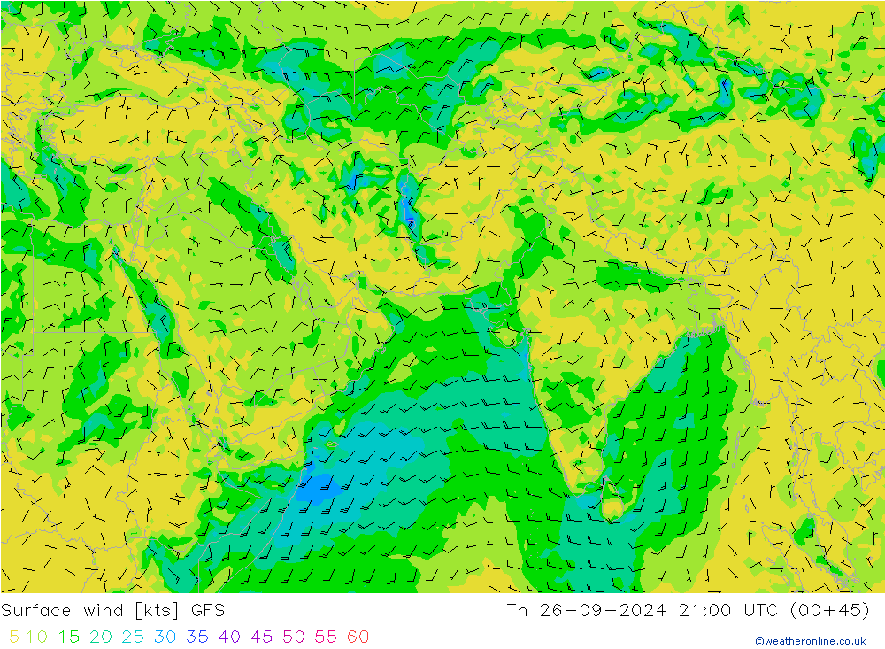 ветер 10 m GFS чт 26.09.2024 21 UTC