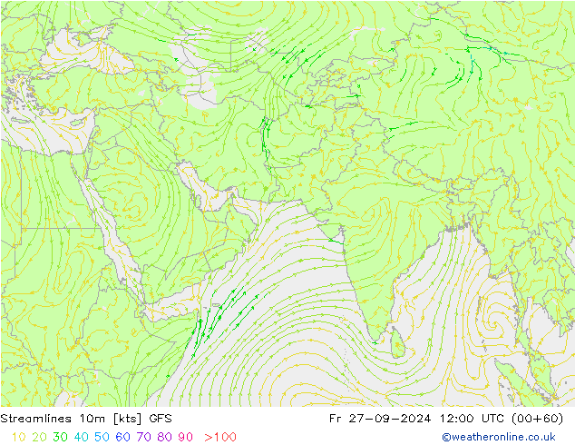 Linia prądu 10m GFS pt. 27.09.2024 12 UTC