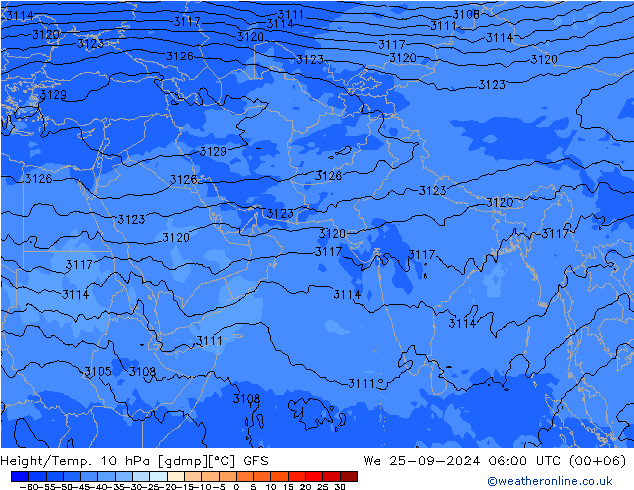 Hoogte/Temp. 10 hPa GFS wo 25.09.2024 06 UTC