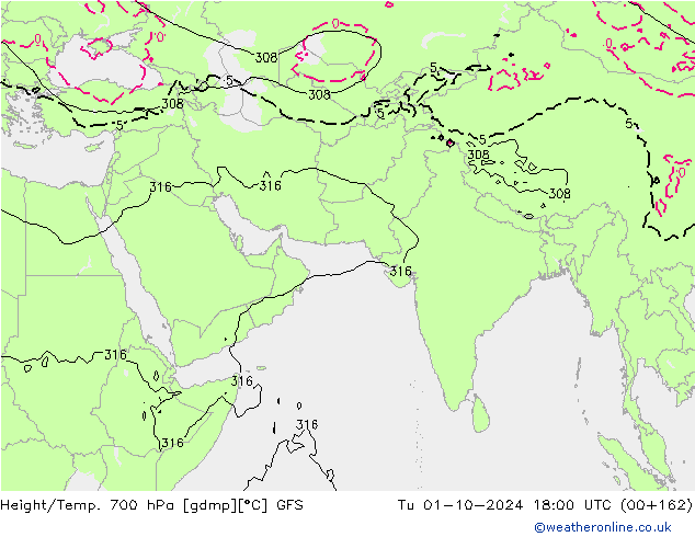 Height/Temp. 700 hPa GFS  01.10.2024 18 UTC