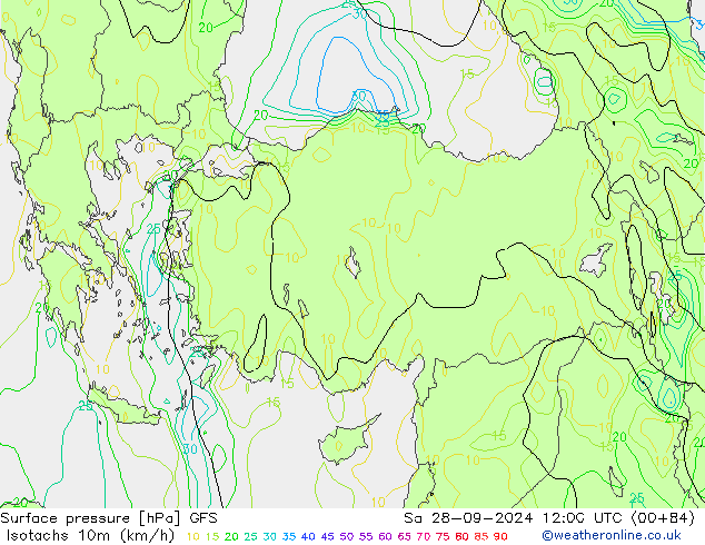 Isotachen (km/h) GFS za 28.09.2024 12 UTC