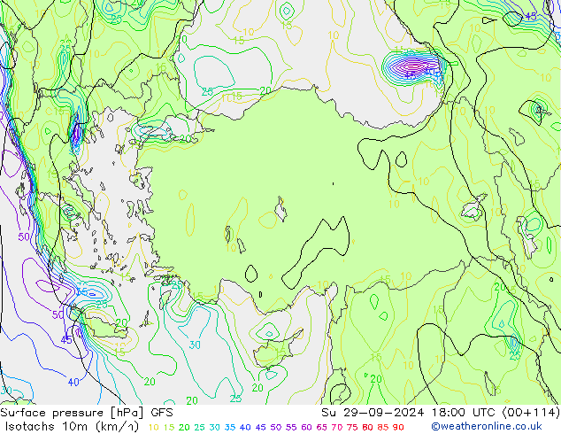 Isotachs (kph) GFS Вс 29.09.2024 18 UTC