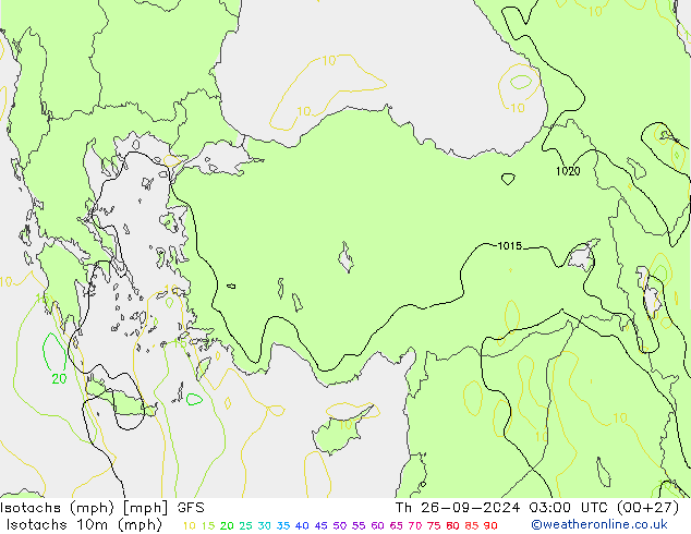 Isotachen (mph) GFS do 26.09.2024 03 UTC