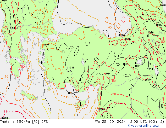 Theta-e 850hPa GFS Mi 25.09.2024 12 UTC