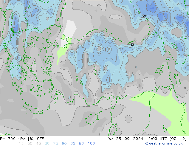 RH 700 hPa GFS śro. 25.09.2024 12 UTC