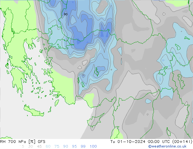 RH 700 hPa GFS Tu 01.10.2024 00 UTC