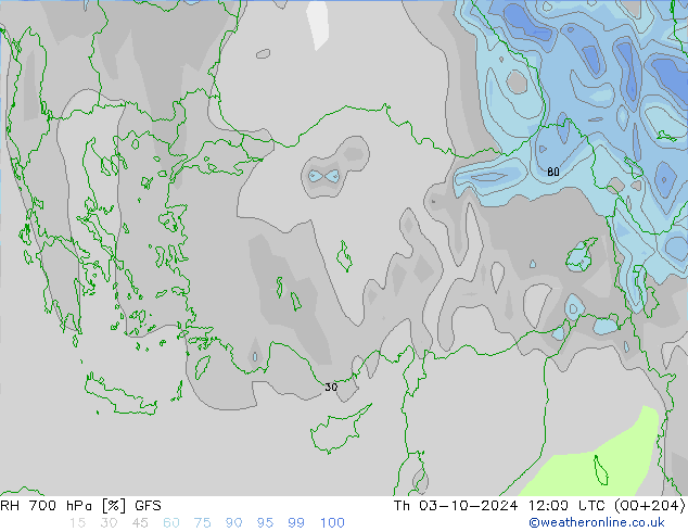 RH 700 hPa GFS Th 03.10.2024 12 UTC