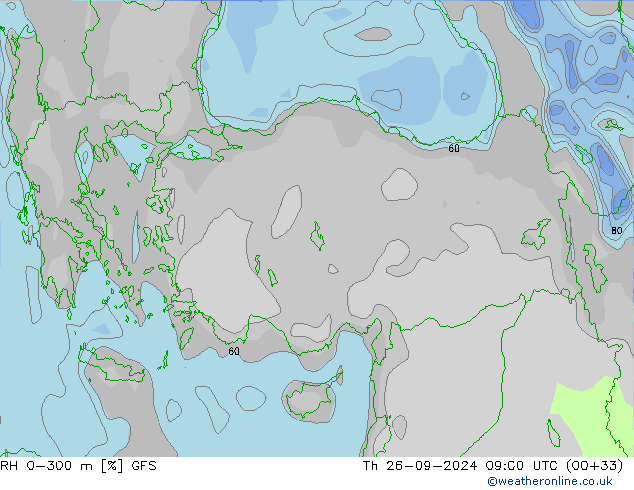 RH 0-300 m GFS Th 26.09.2024 09 UTC