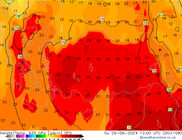 Height/Temp. 925 hPa GFS Dom 29.09.2024 12 UTC