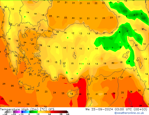 Temp. massima (2m) GFS mer 25.09.2024 03 UTC