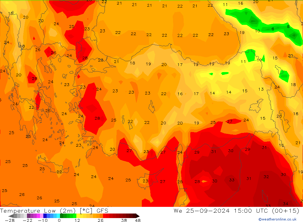 temperatura mín. (2m) GFS Qua 25.09.2024 15 UTC