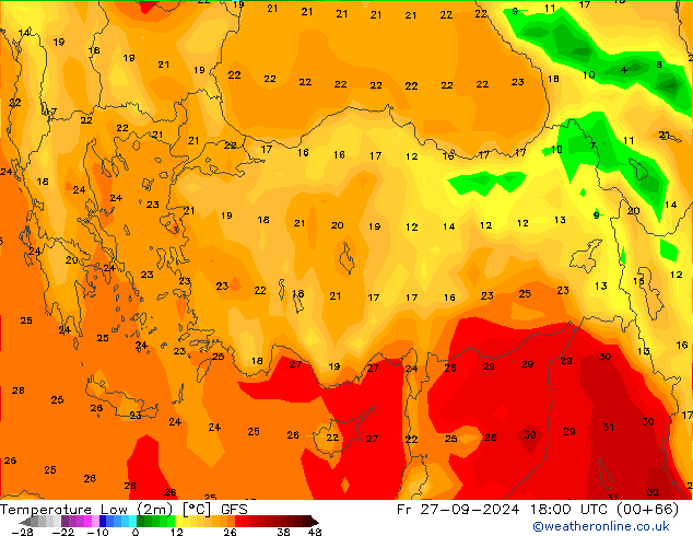 temperatura mín. (2m) GFS Sex 27.09.2024 18 UTC