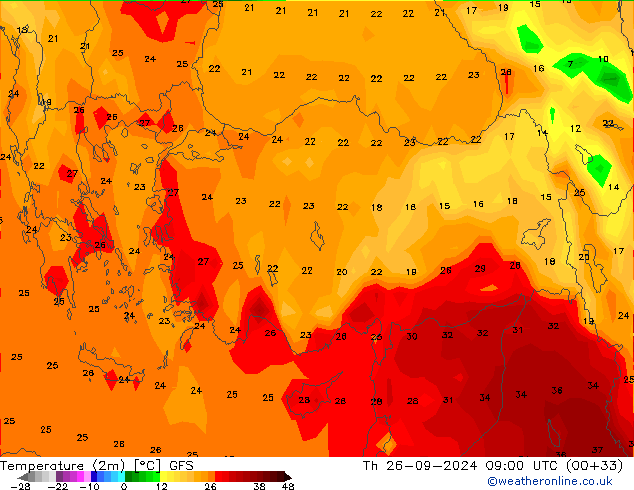 Temperaturkarte (2m) GFS Do 26.09.2024 09 UTC