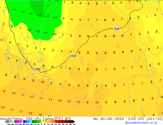 Yükseklik/Sıc. 700 hPa GFS Pzt 30.09.2024 12 UTC