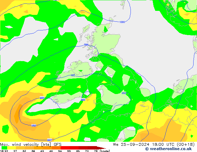 Max. wind snelheid GFS wo 25.09.2024 18 UTC