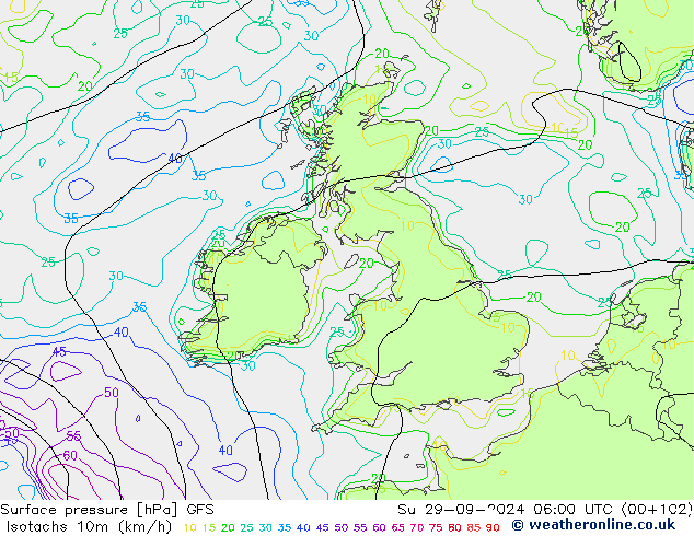 Isotachs (kph) GFS Su 29.09.2024 06 UTC