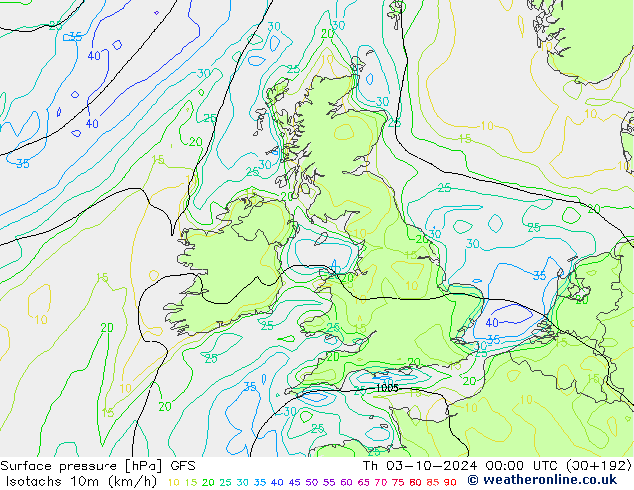 Isotachs (kph) GFS jeu 03.10.2024 00 UTC