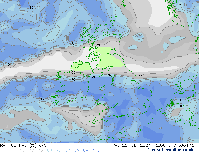 RH 700 гПа GFS ср 25.09.2024 12 UTC